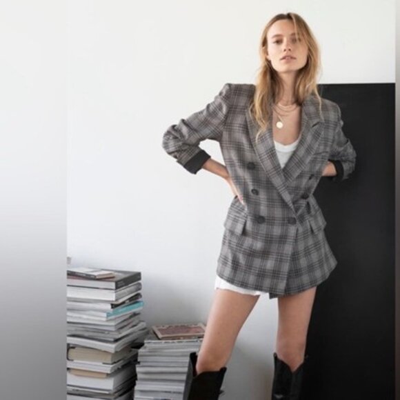 Free People Ashby Blazer Gray/Black Plaid Double Breasted Oversize Jacket M - Picture 1 of 12